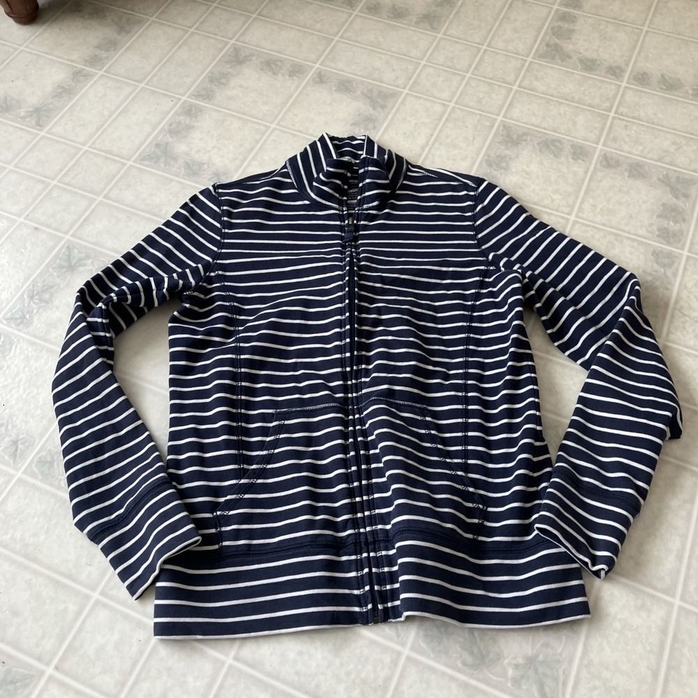 LL Bean Small Zip Jacket Navy Blue Stripe Cotton French Terry Capsule Preppy